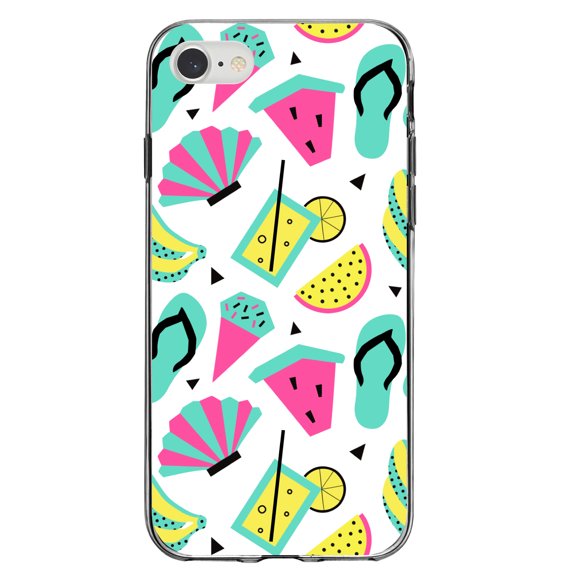 DistinctInk Clear Shockproof Hybrid Case for iPhone 7 8 SE (2020 Model) 4.7" Screen TPU Bumper Acrylic Back Tempered Glass Screen Protector - Summer Graphics - Flip Flops Watermelown Lemonade