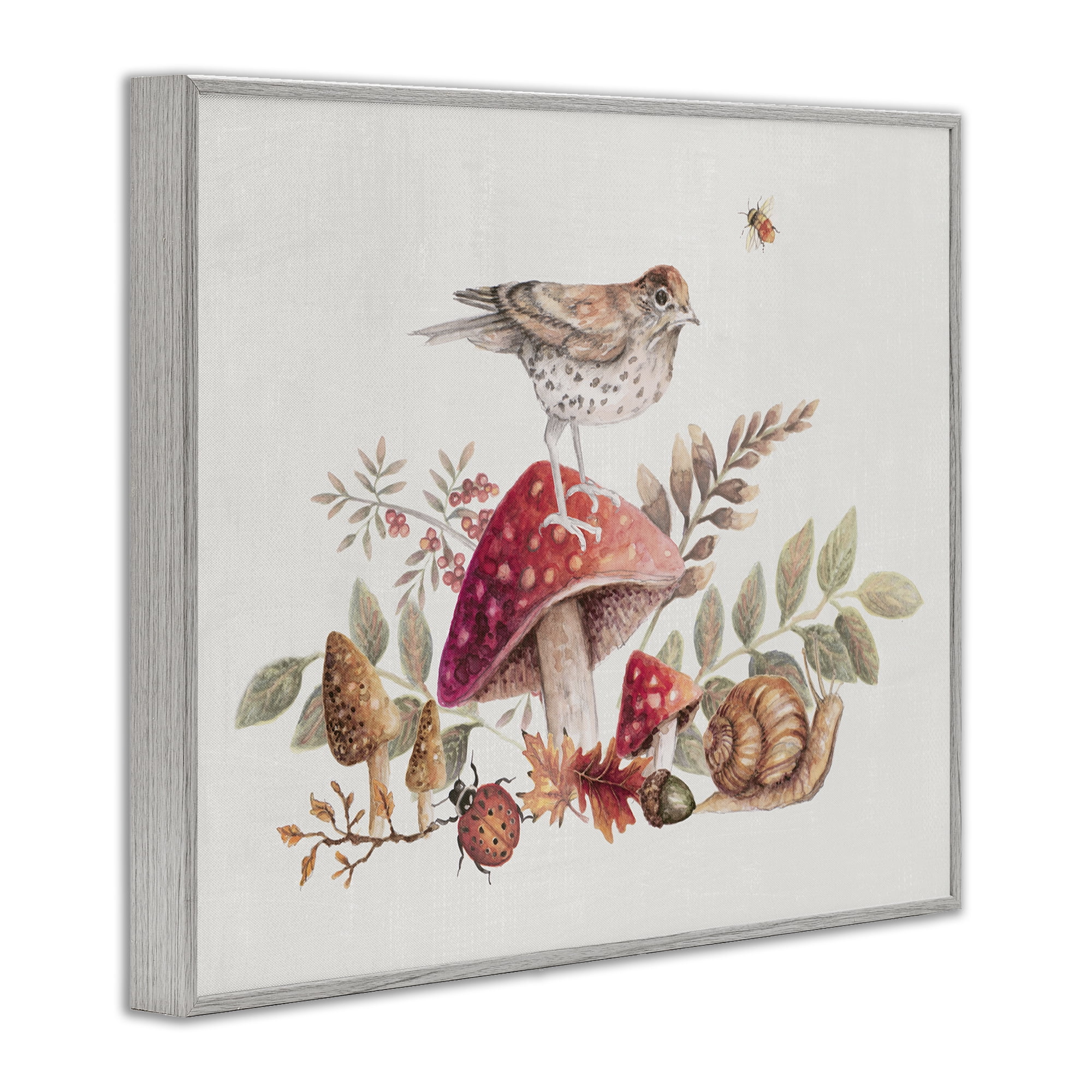 Stupell Industries Rustic Botanicals & Bird Botanical & Floral Painting Gray Framed Art Print Wall Art, 14 x 11