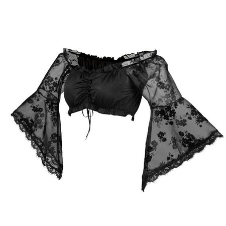 

CLZOUD Comfort Everyday Bra Black Festival One Neck Short Lace Top Women s Loose Hollow Long Sleeve Open Umbilical Top M
