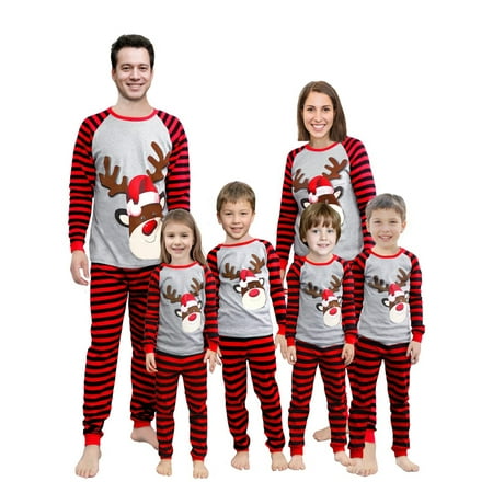 

Mubineo Parent-Child Christmas Pajama Set Cartoon Elk Print Tops + Striped Pants Family Clothing Set