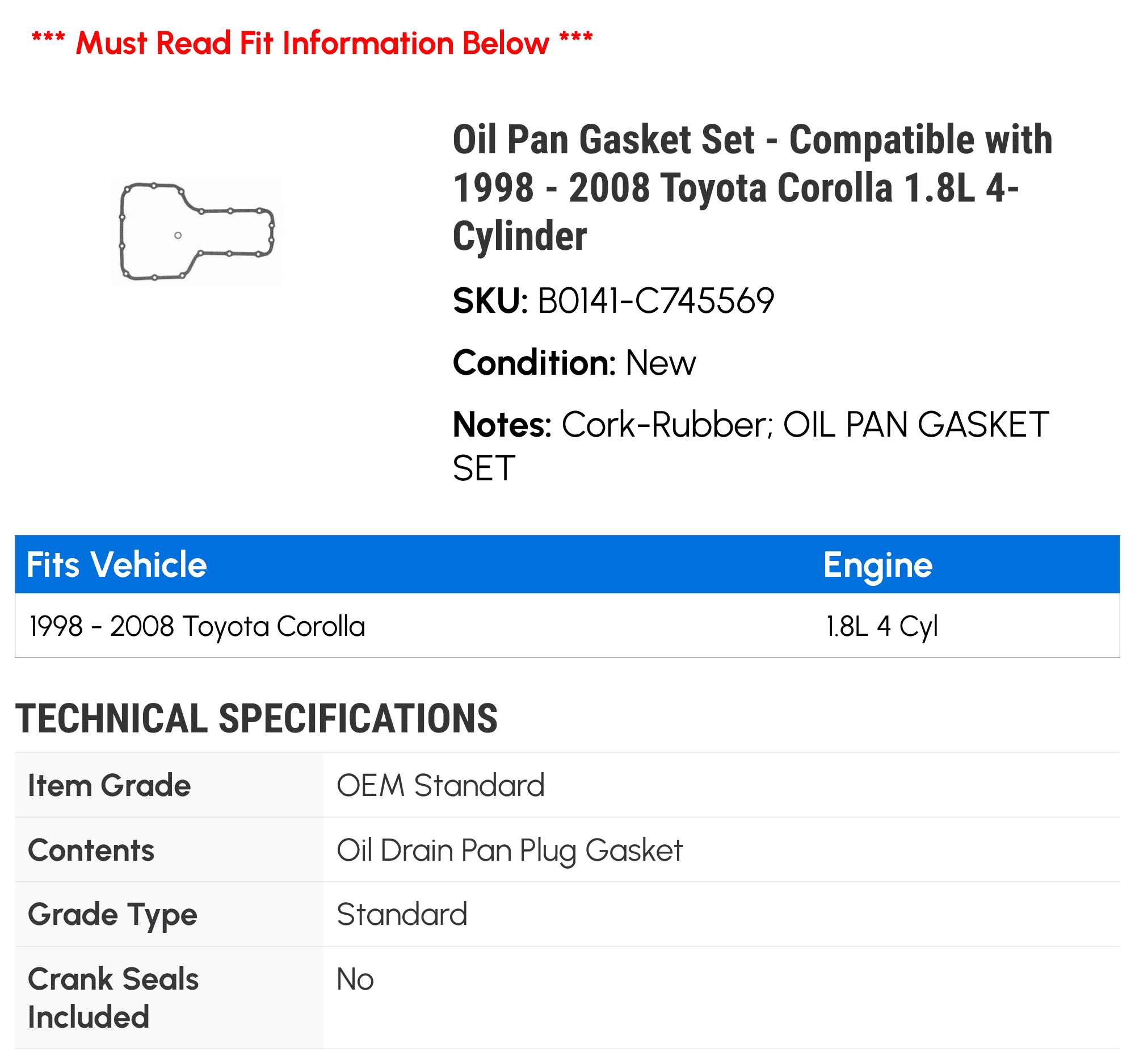 Oil Pan Gasket Set - Compatible with 1998 - 2008 Toyota Corolla 1.8L 4-Cylinder 1999 2000 2001 2002 2003 2004 2005 2006 2007