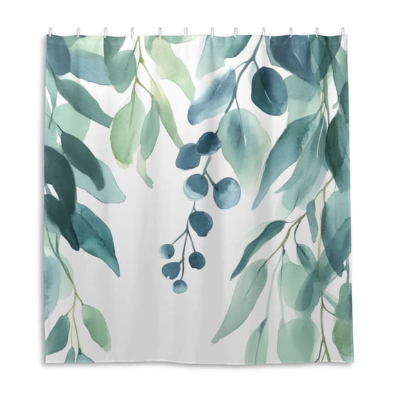 Eucalyptus Leaves Watercolor Shower Curtain Liner 66x72 Inch Waterproof Shower Curtains Decorative Bathroom with 12 Pack Hooks