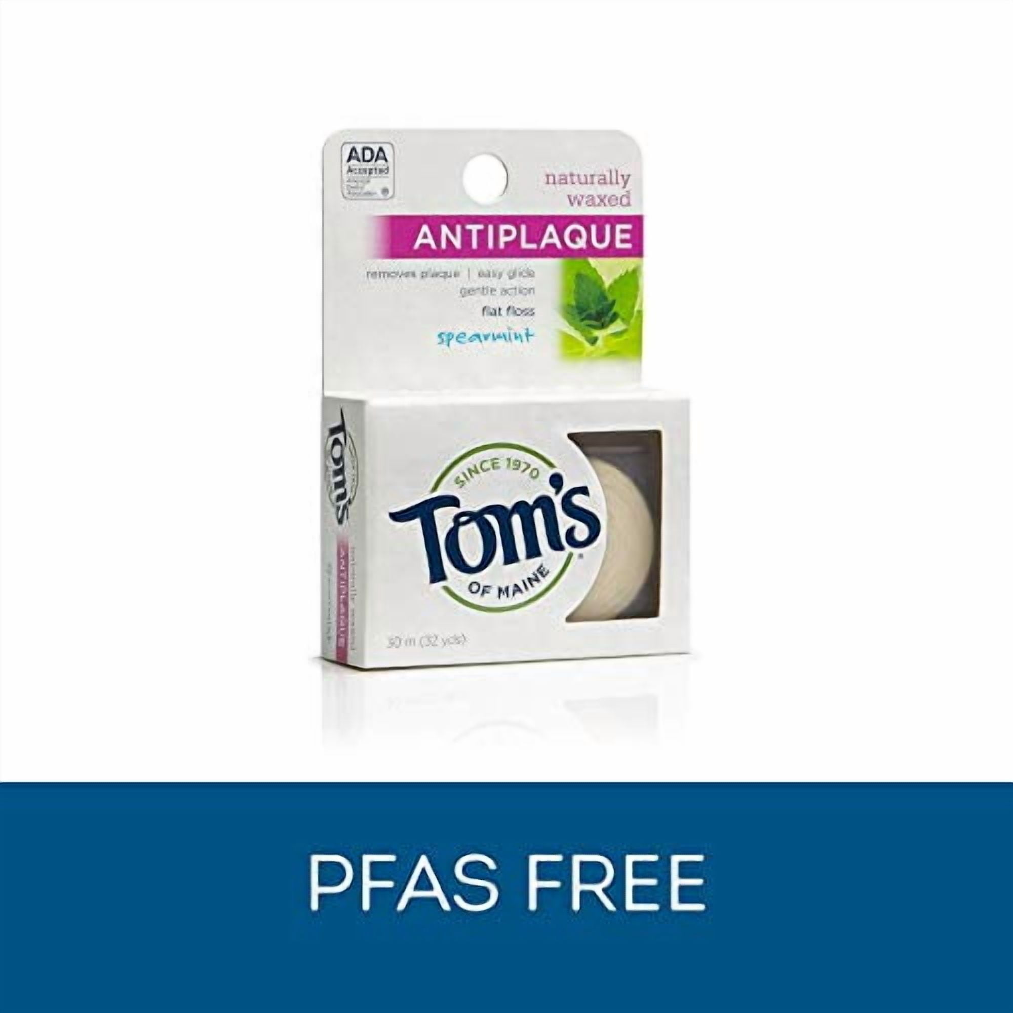 Tom's of Maine Natural Waxed Antiplaque Flat Floss, Dental Floss, Natural Floss, Spearmint, 32 Yards, 6-Pack