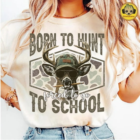 Retro Born To Hunt Forced To Go To School Shirt, Camouflage Back To School Hunting Shirt, Camo Deer Hunting Shirt, Camo School Boy Shirt