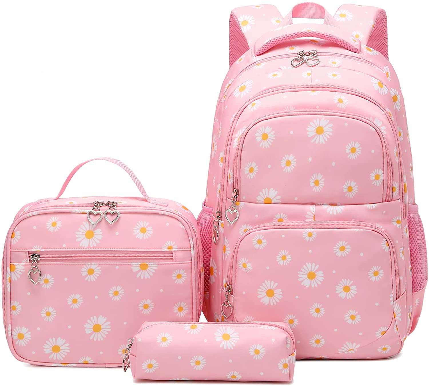 Petmoko Daisy Printed Backpacks With Lunch Pack Pencil Case 3pcs, Water Resistant Lightweight