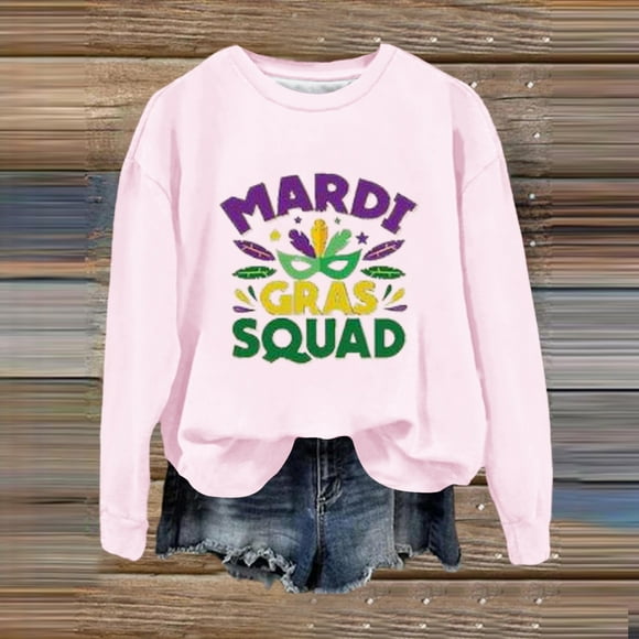 WILLBEST essentials hoodie Womens Mardi Print O Neck Sweatshirt Round Neck Fit Pullover Tops Fashion Long Sleeve Workout Shirts Loose Blouse team hoodie