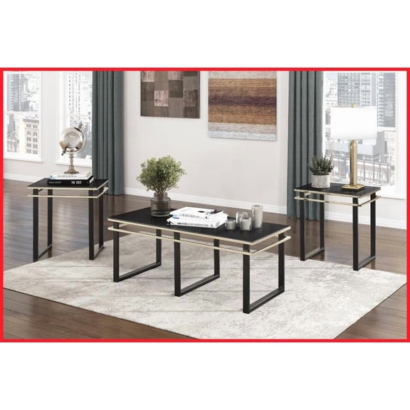 3-Piece Modern Coffee Table Set for Living Room - Black Tempered Glass Top with Gold Accents, Easy Assembly & Easy-Clean