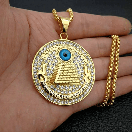 14K Gold Filled Round Coin Evil Eye Eye of Providence Pendant Necklace, Hip Hop Jewelry for Women & Men