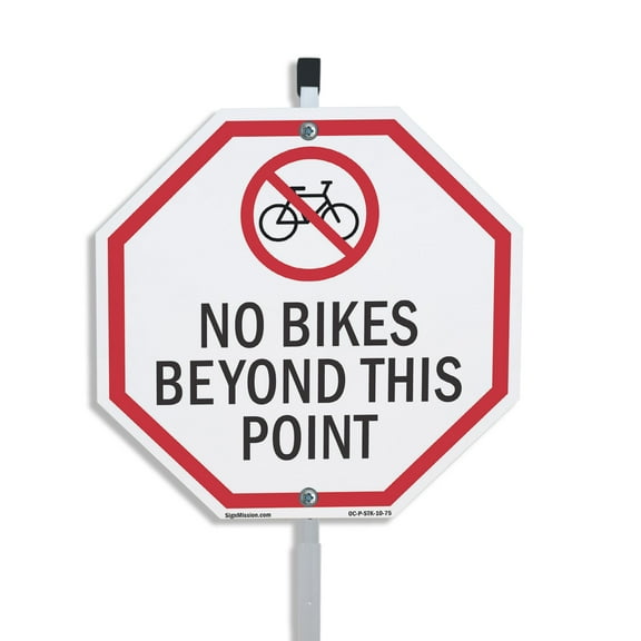 No Bikes Beyond This Point 10 inch X 10 inch Octagon Plastic Sign with Aluminum Mounting Stake Weather Resistant UV Protected for Workplace Private Property and Construction Site Made