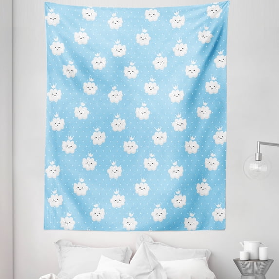 Blue and White Tapestry, Boys and Girls Pattern with Polka Dots and Smiling Happy Clouds, Fabric Wall Hanging Decor for Bedroom Living Room Dorm, 5 Sizes, Pale Blue and White, by Ambesonne
