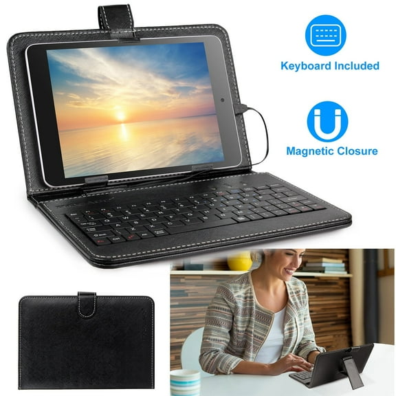 TeqHome 7.9in Protective Keyboard Case w/ Keyboard PU Leather Back Stand Tablet Cover via USB 2.0 Cable, Black