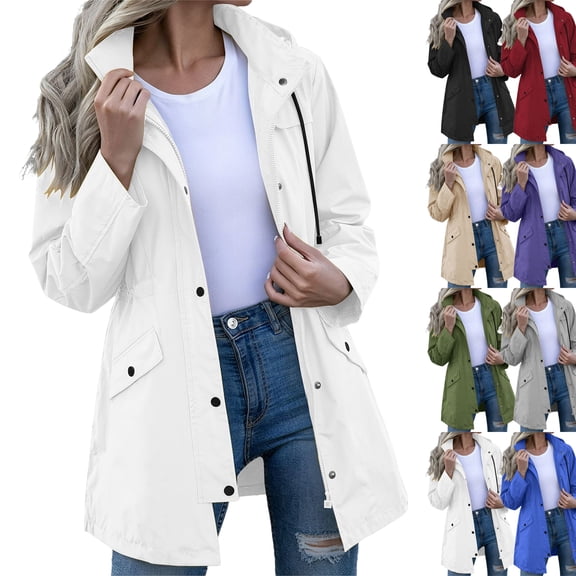 Zeliretfy Womens Long Waterproof Rain Jacket Windproof With Hood For Outdoor Hiking Travel Casual Wear Lightweight Rain Coat Trench Style Outerwear Coat