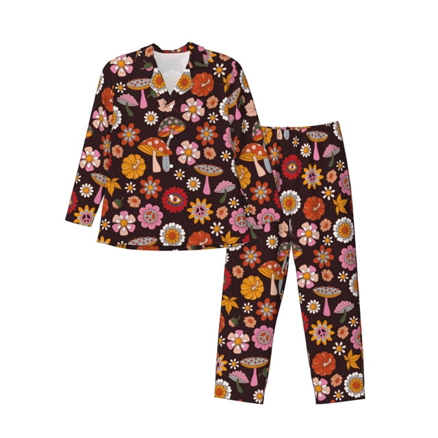 Fotbe 70s Groovy Hippie Retro Pijama de Hombre con Estampado de Manga Larga, Conjunto de 2 Piezas, Ropa de Dormir Suave y Cómoda con Bolsillos-Large