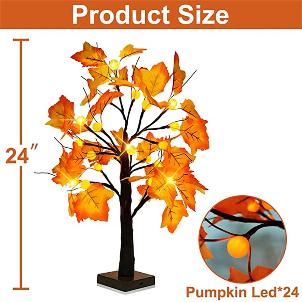 Kepooman 24 inch Prelit Maple Tree with Timer 24 Pumpkin Lights, Maple Leave Tree for Fall Decor Autumn Decoration Holiday Decorations, Pumpkin Decor for Indoor Home Table Decorations, Warm White