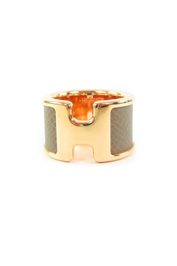 Pre-Owned HERMES Olympe GM Etoupe Pink Gold Madame Veau H Design Ring, Size XS, with...