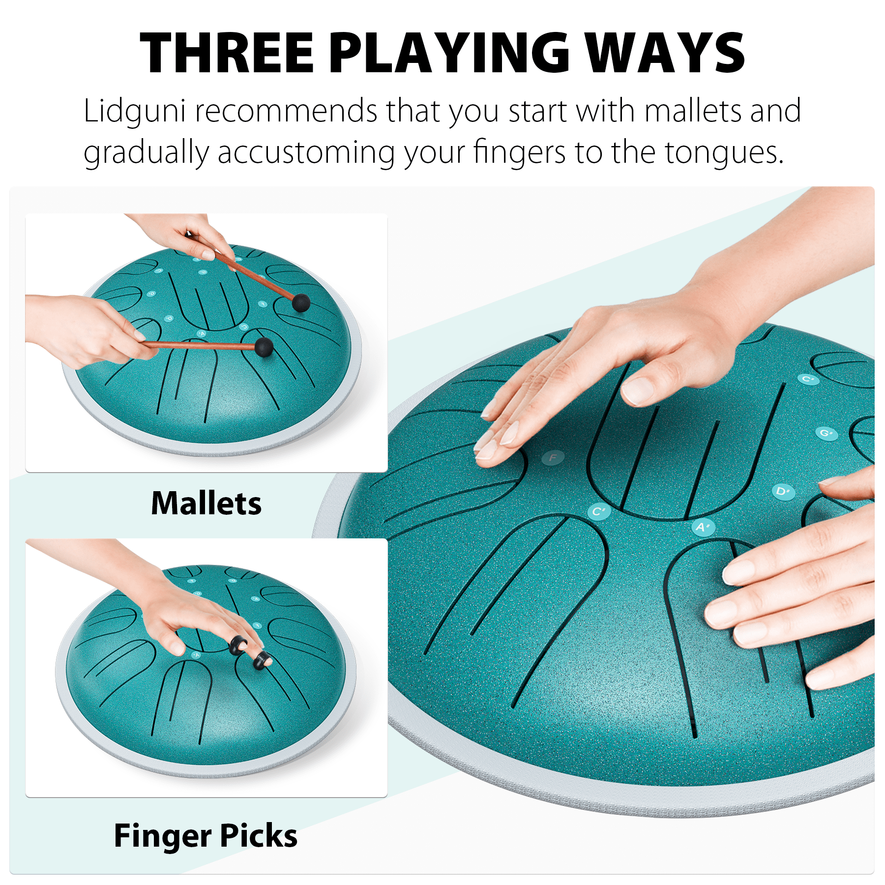 Lidguni Steel Tongue Drum Electroacoustic, 10" 10 Notes G Major Handpans, for Adult, Malachite Green