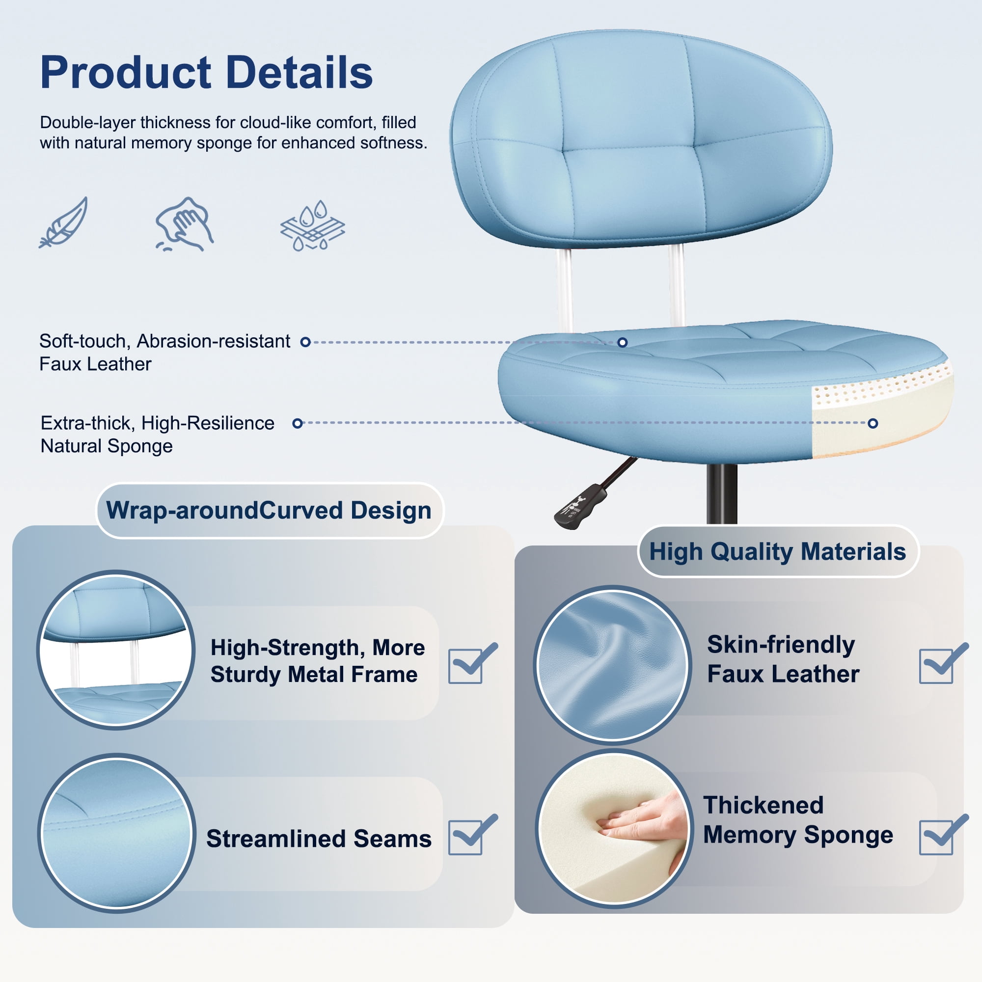 Misolant Vanity Chair with back, Small Armless Cute office Chair with wheels and Lumbar support, Comfy PU Leather Desk Computer Chairs with Adjustable Height, 360°Swivel for Home Bedroom Office