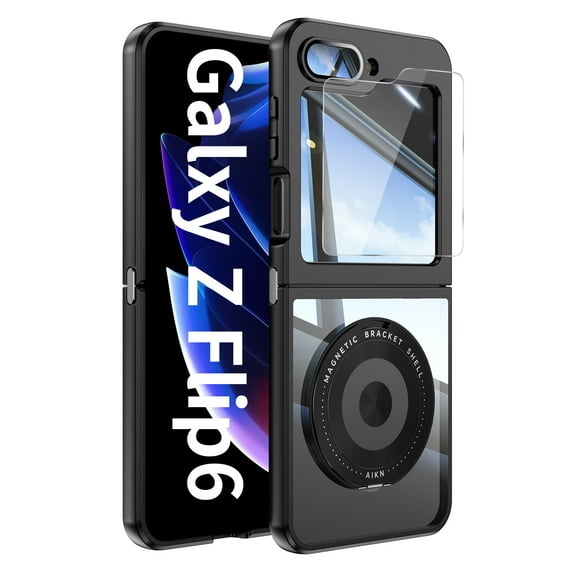 Dteck for Samsung Galaxy Z Flip 6 Case with Screen Protector, Z Flip6 Magnetic Case Compatible with MagSafe, Shockproof Rotating Ring Kickstand with Camera Lens Protector for Samsung Z Flip 6,Black
