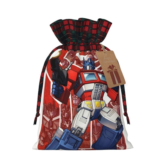 Transformers Christmas Drawstring Bags Eco-Friendly Fabric Sacks Xmas Storage Bags With Kraft Tag For Holiday Candy Party Gift (Medium)