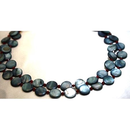 - Pearl Necklace 2 Strands 14 mm Natural Cultured Grey Flat Pearl with Ruby Quartz Beads Beaded Necklace 17
