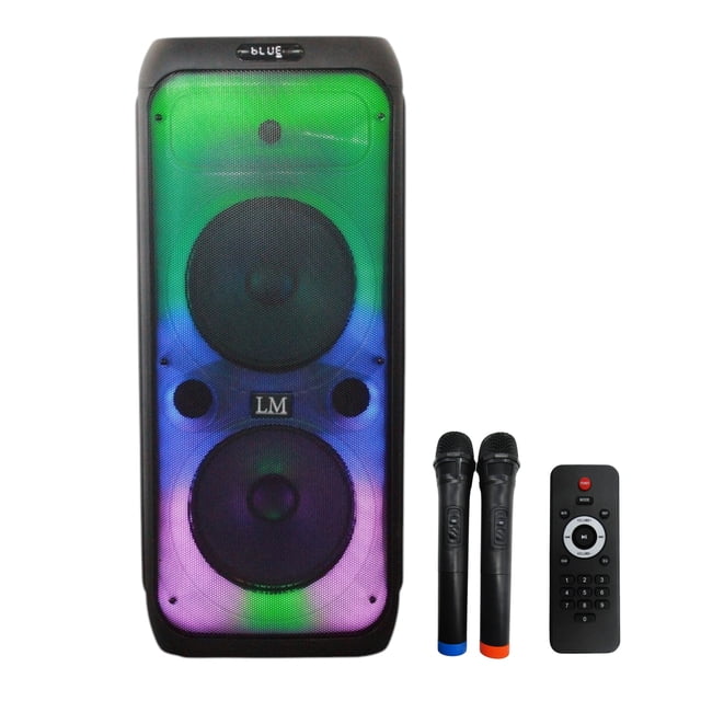 Bafle Lm-bs010 2x10 bluetooth con Karaoke y 2 Micrófonos Color Negro Con Luces LED
