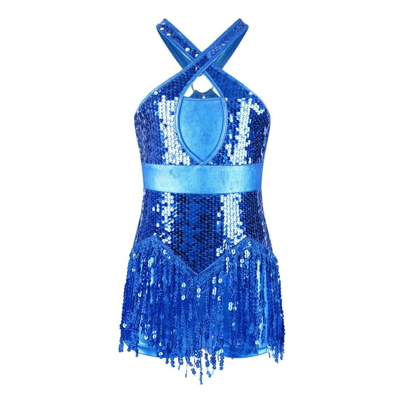 dPois Girls Halter Neck Sequin Tassel Latin Dance Dress Fringed Bodysuit Salsa Rumba Jazz Ballroom Blue 14