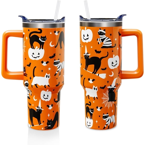 Halloween Cat Tumbler - 40oz Stainless Steel Insulated Cup with Handle and Straw, Cute Black Cat Design, Spooky Gift for Halloween