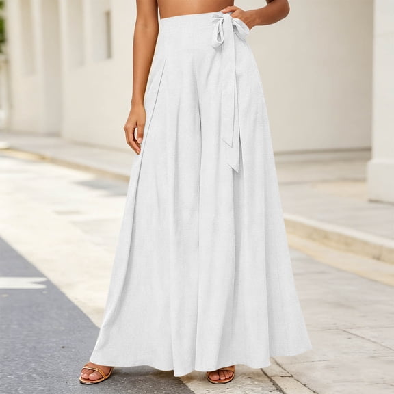 Cagogo Women's Wide Leg High Waisted Flowy Solid Boho Midi Pants Vacation Casual Palazzo Trousers Beach Summer Lounge Cropped Pants Fashion Beachwear, White XL