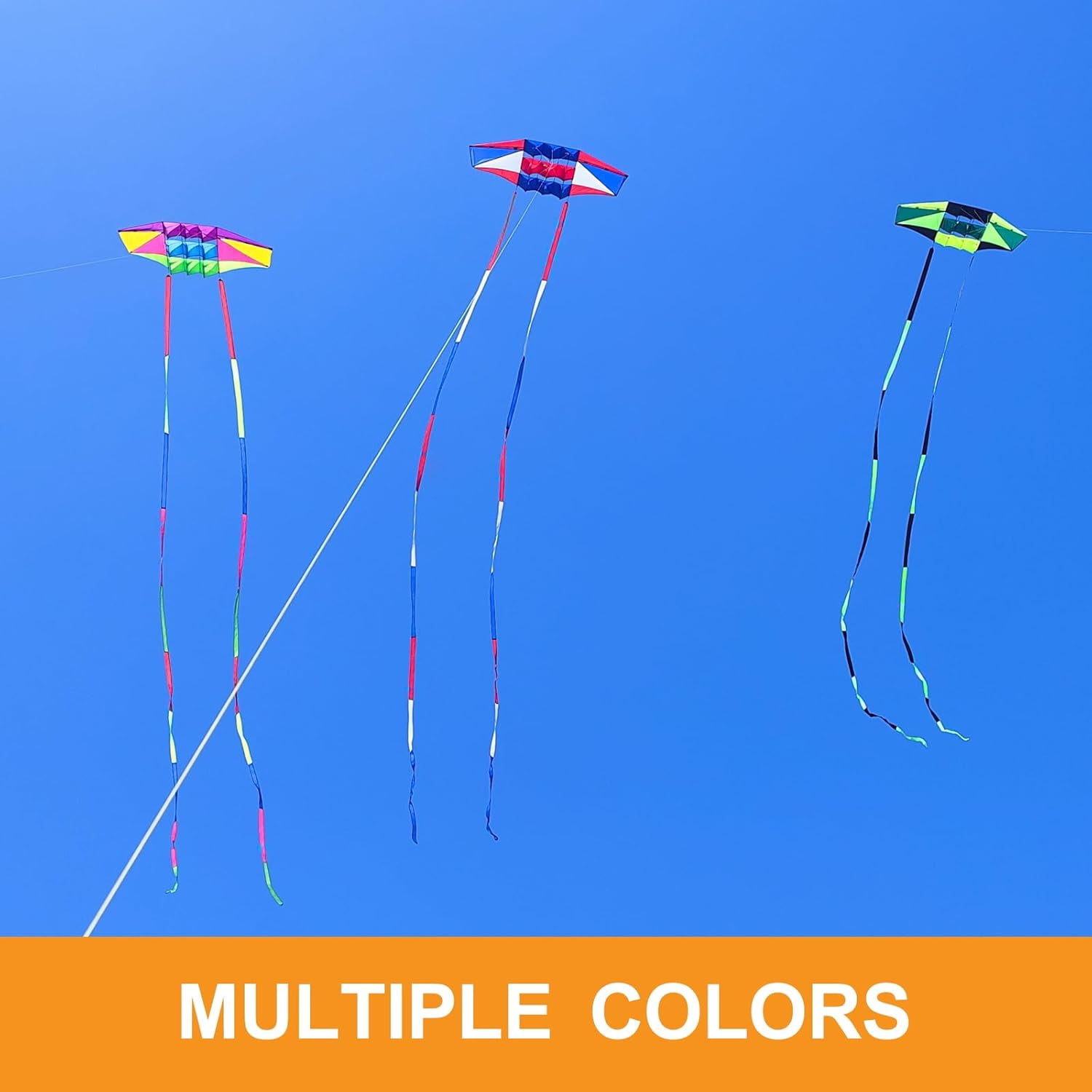 Large 98-Inch 3D Rainbow Box Kite for Adults, Super Easy Flyer with Two 49-Ft Multi-Color Tails, 300-Ft String and Handle
