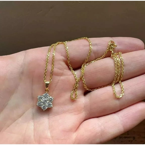 1.00Ct Round Cut Real Moissanite Flower Pendant Necklace 14K Yellow Gold Plated