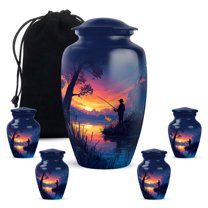 Yatskia Sunset Fishing Large Burial Urns for Human Ashes Adult Man, Cremation Urn for Ashes for Women, Decorative Urns for Adult Ash, (Classic 10 Inch and 3 Inch)