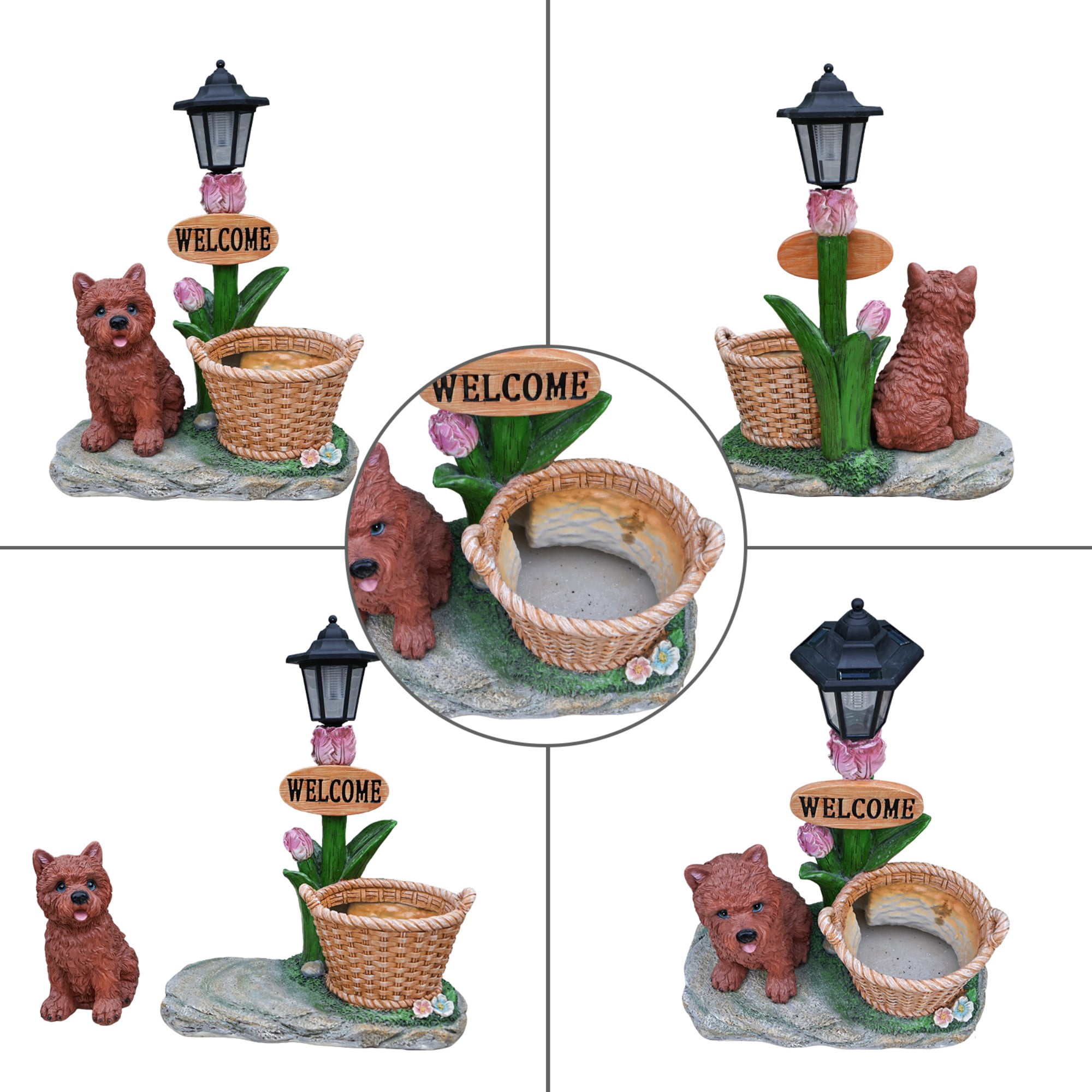 Sitting Puppy Solar Planter Statue, Brown Resin Garden Decor with LED Light for Yard Patio Balcony Outdoor