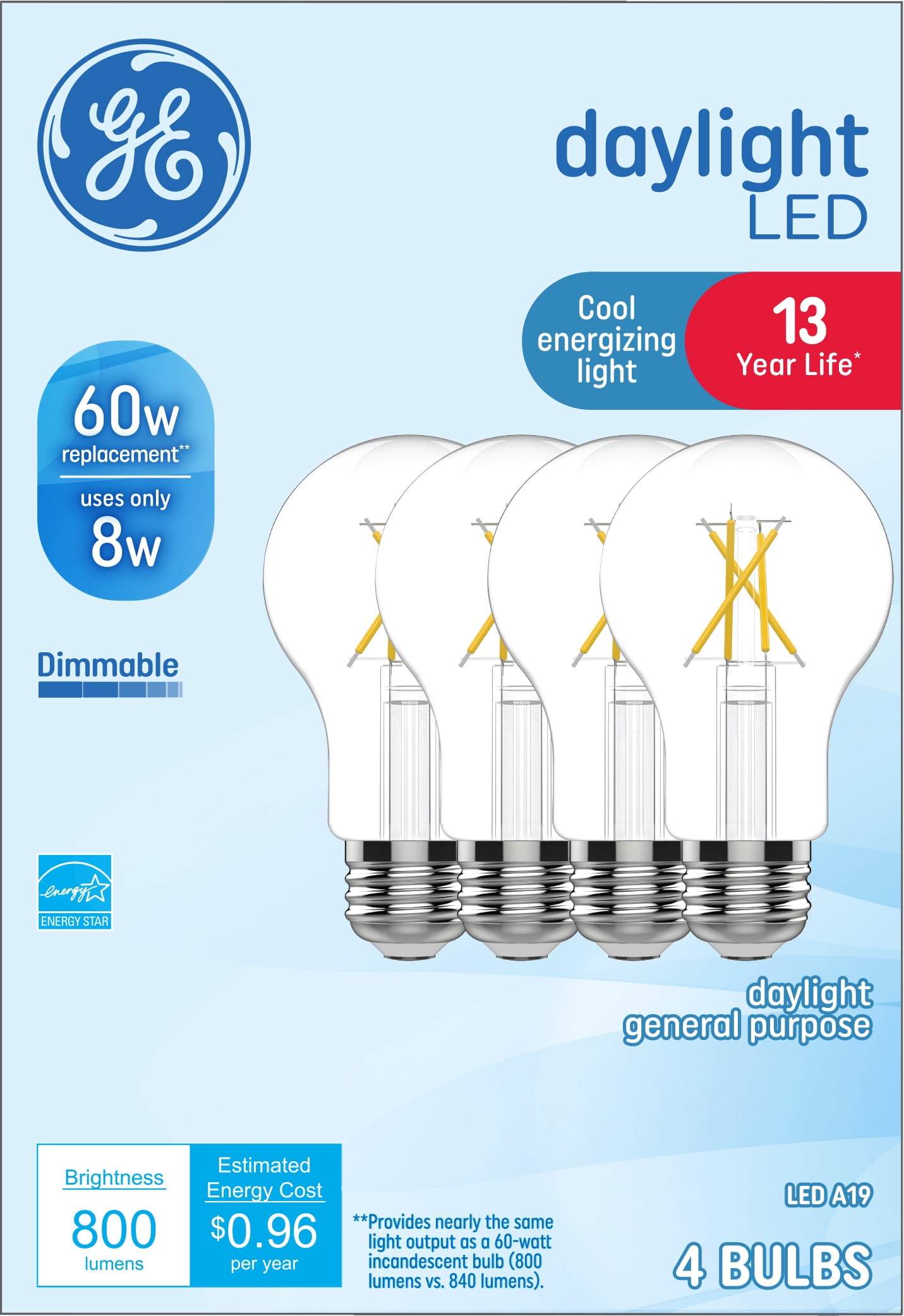 GE Daylight LED Light Bulbs, 60 Watt Eqv, A19 General Purpose, 13yr, 4pk