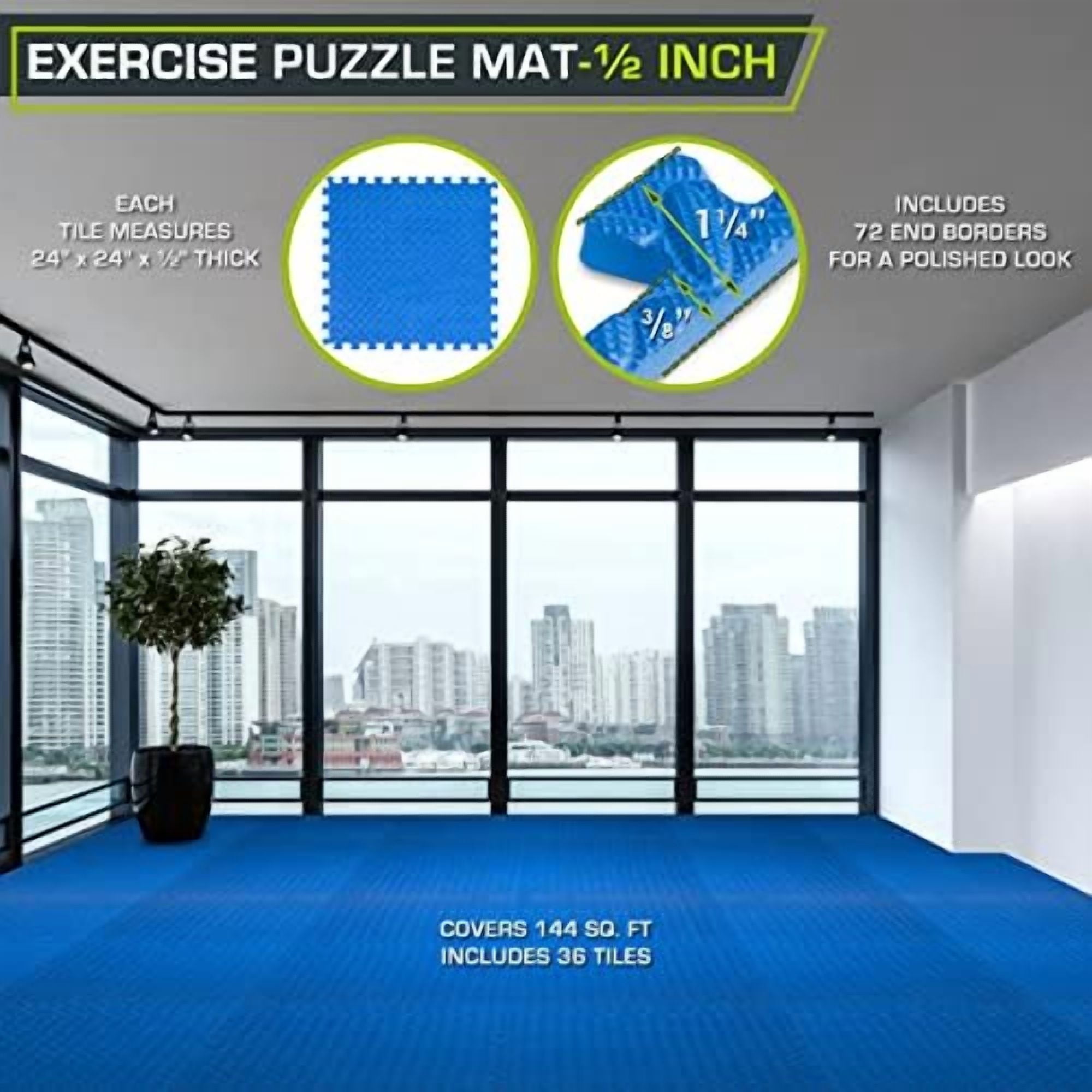 Puzzle Exercise Mat ½ in, EVA Interlocking Foam Floor Tiles for Home Gym, Mat for Home Workout Equipment, Floor Padding for Kids, Blue, 24 in x 24 in x ½ in, 144 Sq Ft - 36 Tiles