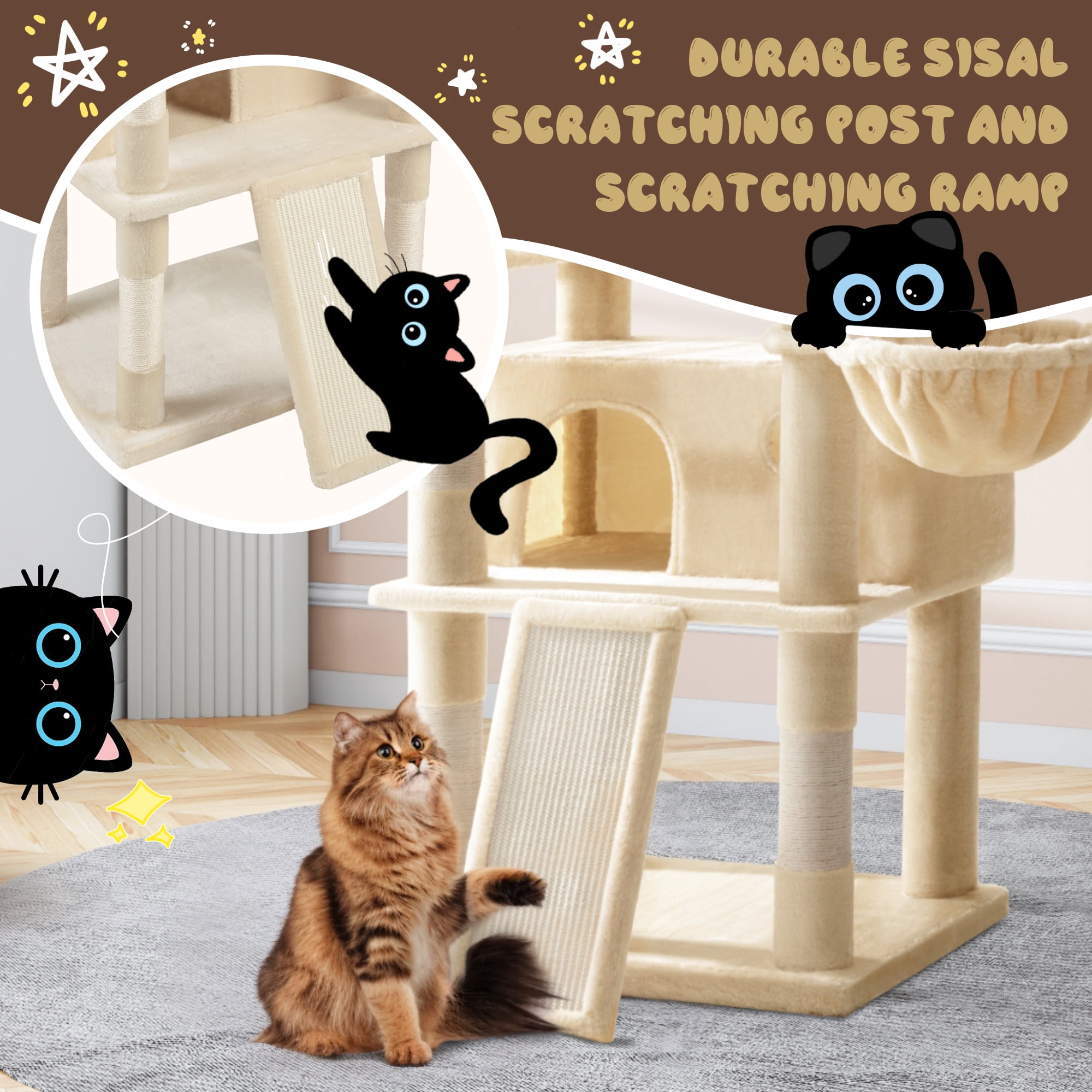 Amolife 81" Large Cat Tree Tower for Large Cats with Cat Condo Hammock, 2 Scratching Ramps, 6 Scratching Posts, Beige