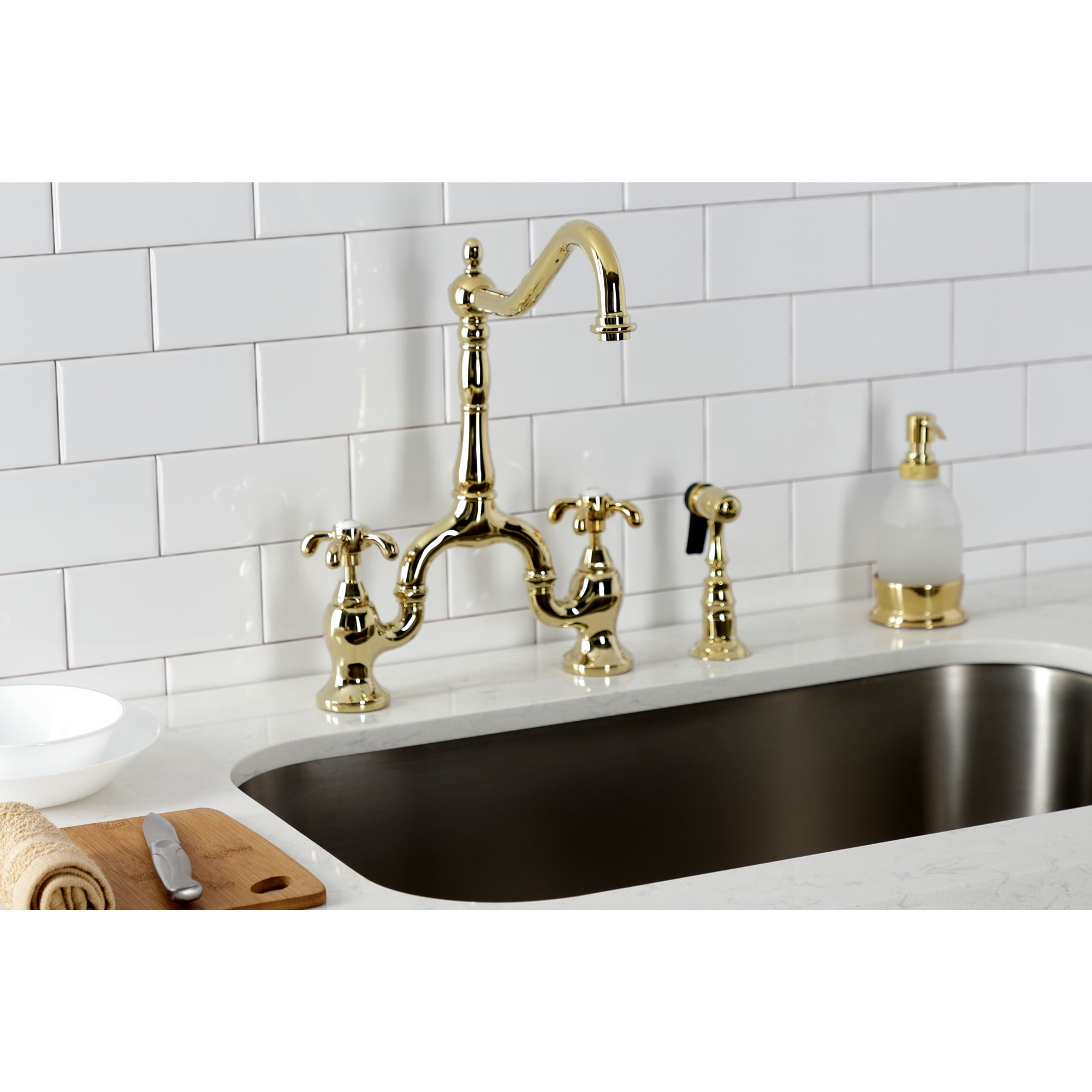 Kingston Brass KS7752TXBS French Country Two-Handle 3-Hole Deck Mount Bridge Kitchen Faucet with Brass Side Sprayer in Polished Brass