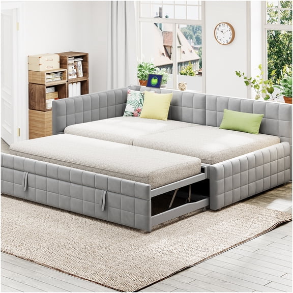 Full Size Upholstered L-Shaped Daybed with Twin Pop-Up Trundle and USB Charging Ports