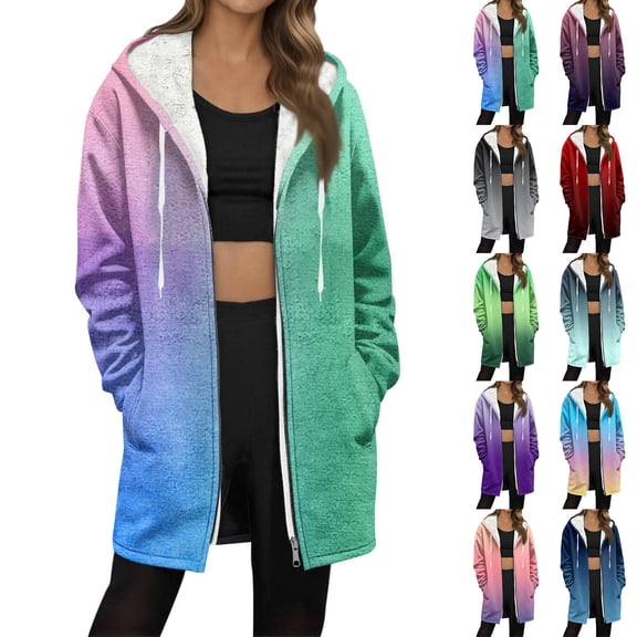 Bovxnpu Winter Coats for Women, Women's Oversized Jackets Gradient Print Long Sleeve Zip Up Hooded Pocketed Fleece Lined Top Warm Winter Clothing