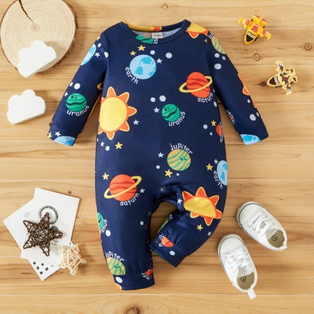 

PatPat Baby Boy All Over Long Sleeve Jumpsuit Newborn Solar System Snap Closure Onesise Romper Bodysuit Snug Fit Footless Overall 0-18month