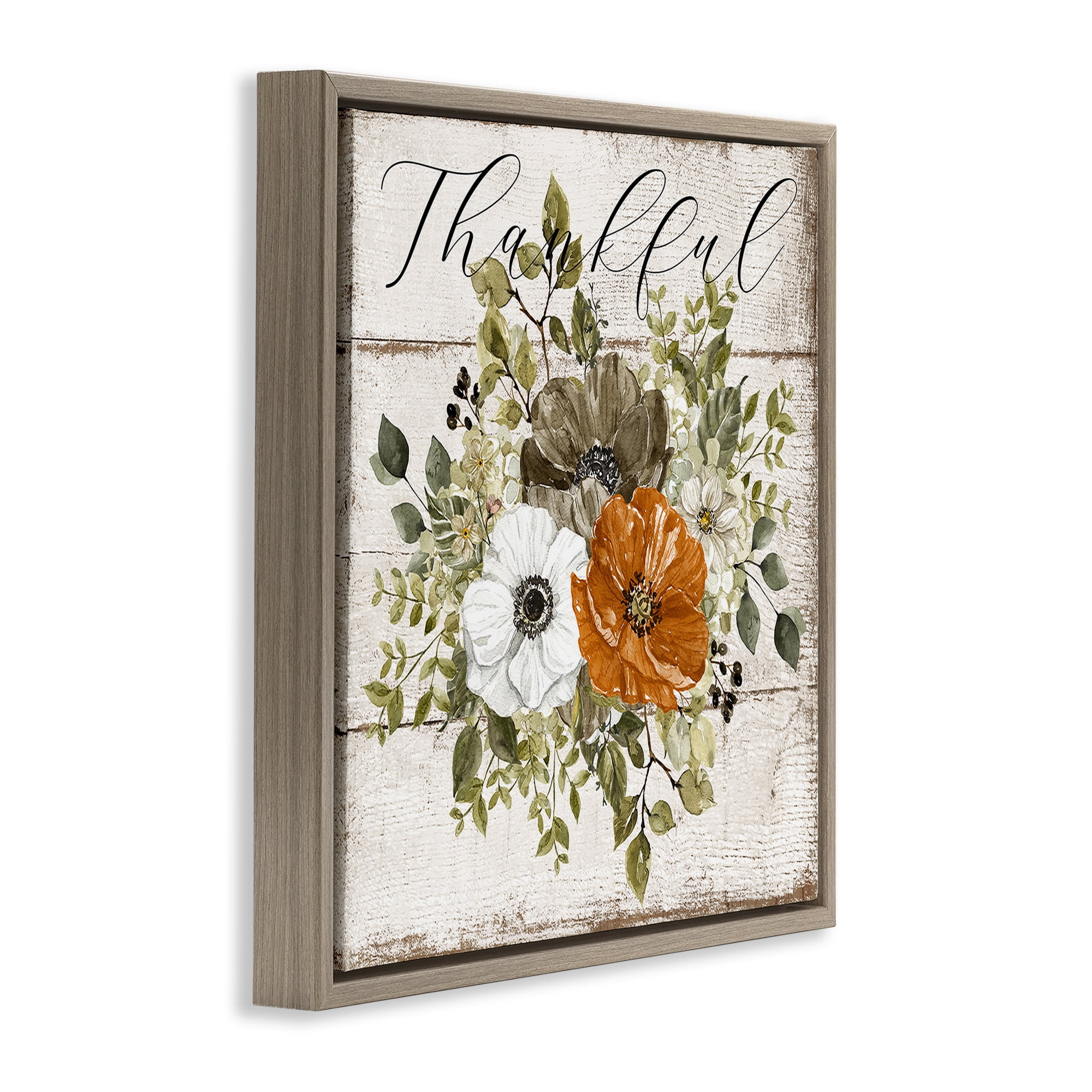 Stupell Industries Thankful Floral Pumpkin Holiday Painting Brown Floater Framed Canvas Art Prints Wall Art, 25 x 25