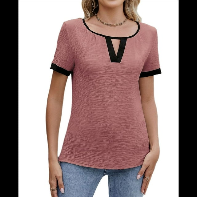 Blusas Informales Elegantes para Mujer, Blusas de Trabajo Informales de Negocios, Camisas de Corta con Cuello en V y Bloques de Color, Verano 2025 Rosa XL