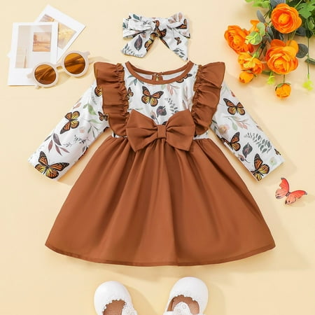 

Binmer Toddler Kids Baby Girls Cute Long Sleeve Butterfly Flowers Pattern Ruffles Bow Dress Headdress Suit
