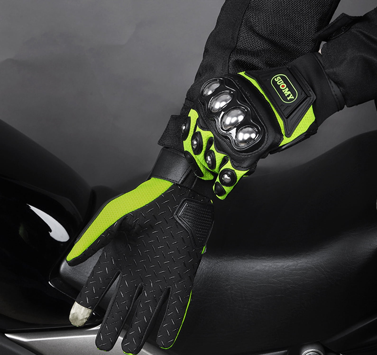 SapphireShack Motocycle Gloves, Nylon Motorcycle Gloves, Stainless Steel Shell Breathable Lightweight Motorcyle Gloves, Touchscreen Motorcycle Riding Gloves for Road Racing( Green,M,1 Pairs)