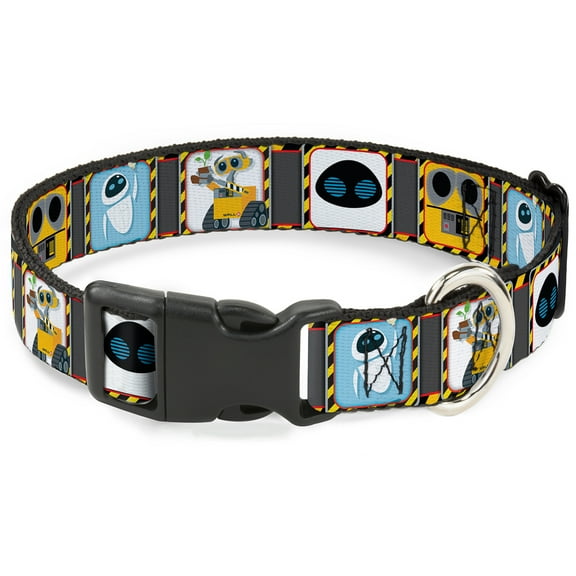 Disney Pet Collar, Dog Collar Plastic Buckle, Wall E Eve Pose Face Hazard Blocks Gray Yellow Black, 7 to 8.5 Inches 0.5 Inch Wide