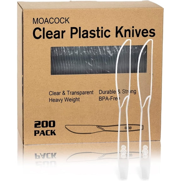 200 Count Clear Plastic Knives, Heavy Weight Disposable Spoons Cutlery Plastic Utensils, Clear PlasticSilverware Bulk