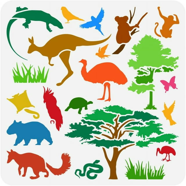 Plantilla reutilizable para pintar animales australianos (30 x 30 cm): canguro, perezoso, avestruz, lagarto, mono, flamenco, loro, pájaro. Plantilla para dibujar árboles.
