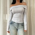 thumbnail image 4 of Qulqfy Petite Long Sleeve Tops for Women Gray Going Out Off the Shoulder Blouses Fitted Casual Shirts for Women, 4 of 8