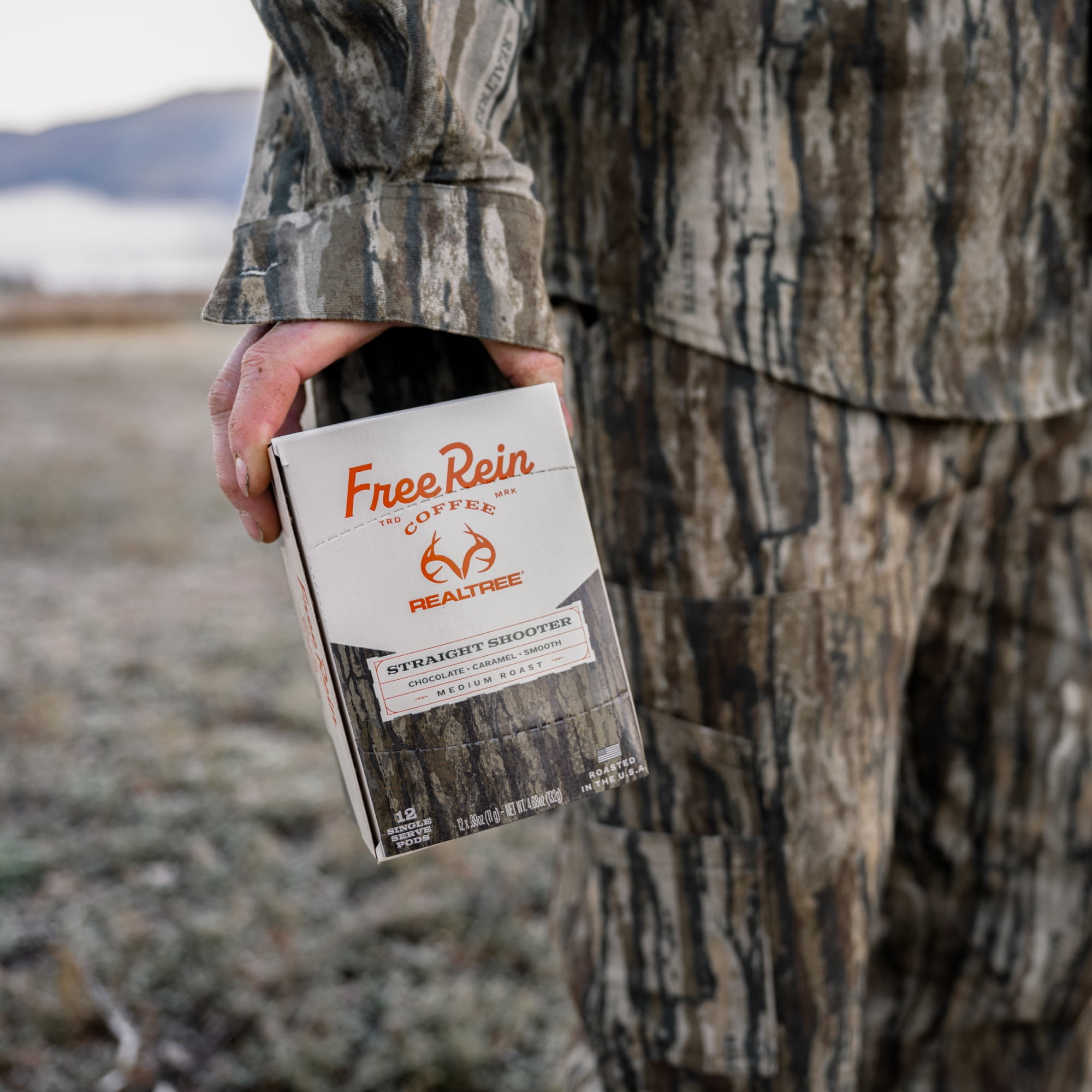 Free Rein x Realtree Daybreak Coffee Kit Featuring Straight Shooter 100% Arabica Medium Roast Coffee Pods 12ct and 20oz Insulated Tumbler