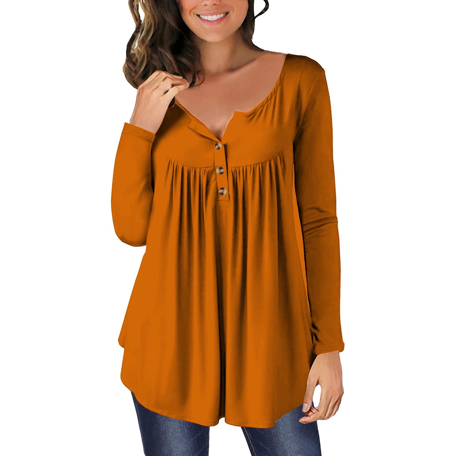 Timegard Tops for Women Ruched Notched V-Neck Long Sleeve Button Blouse Dressy Casual Tunic Tops