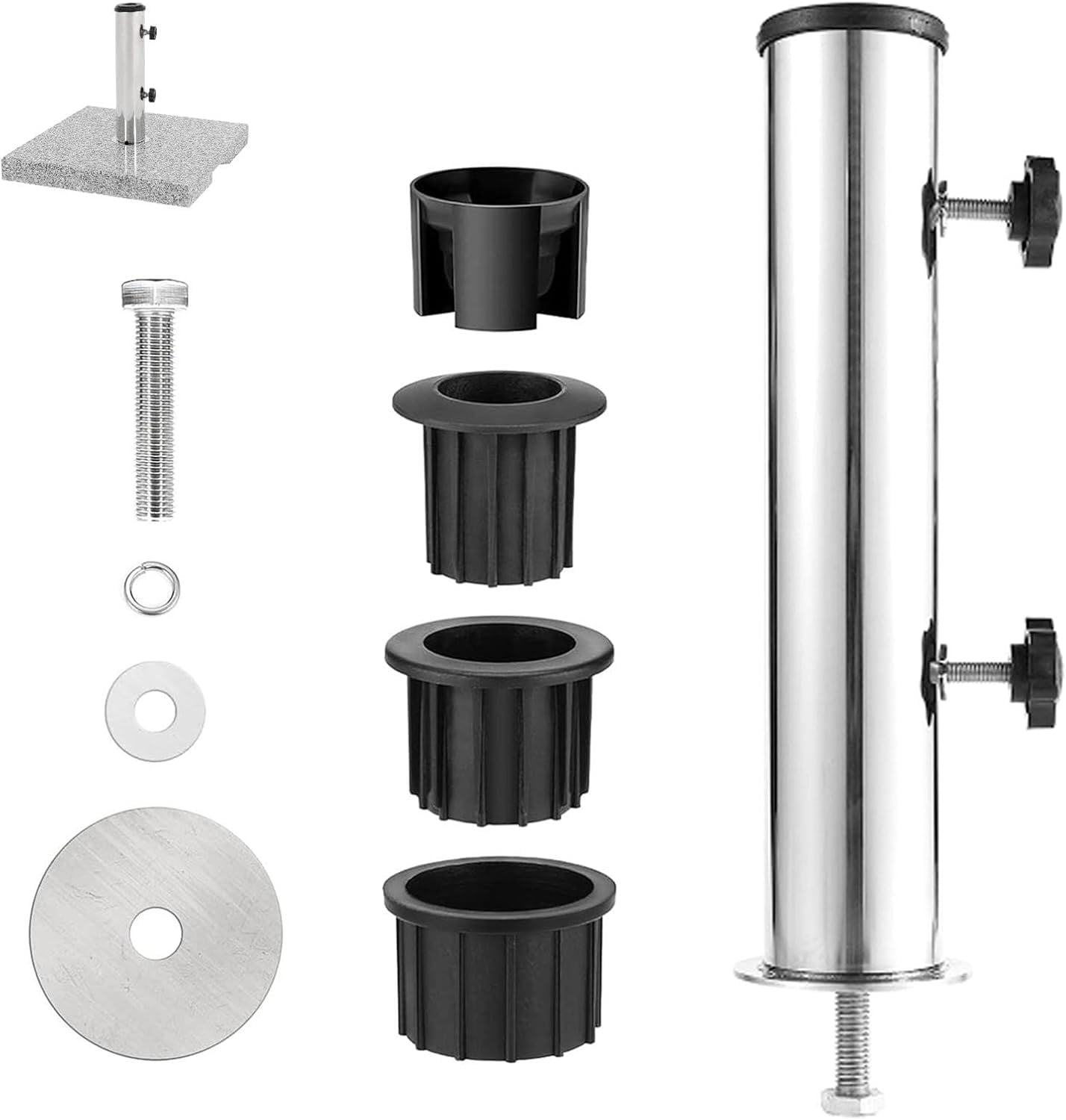 Patio Umbrella Stand Base,Deck Mount Umbrella Holder,Universal Parasol Standpipe with 3 Pieces  Reducing Ring,Umbrella Baser Standpipe for Granite, Cement Panel